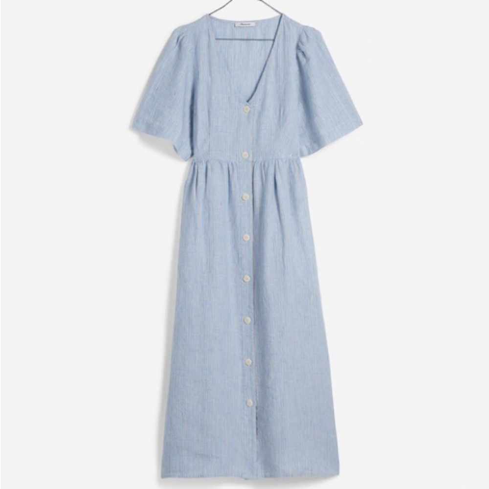 Madewell 100% Linen Cassie Button-Front Midi Dress Coastal Blue Stripe